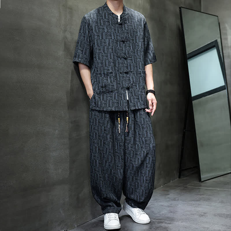 Nimara Ritual 2Pcs Summer Mandarin Collar Frog Button Geometric Short Sleeve Shirt Harem Pants Men's Set With Pockets