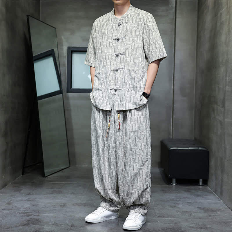 Nimara Ritual 2Pcs Summer Mandarin Collar Frog Button Geometric Short Sleeve Shirt Harem Pants Men's Set With Pockets