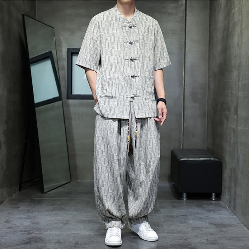 Nimara Ritual 2Pcs Summer Mandarin Collar Frog Button Geometric Short Sleeve Shirt Harem Pants Men's Set With Pockets