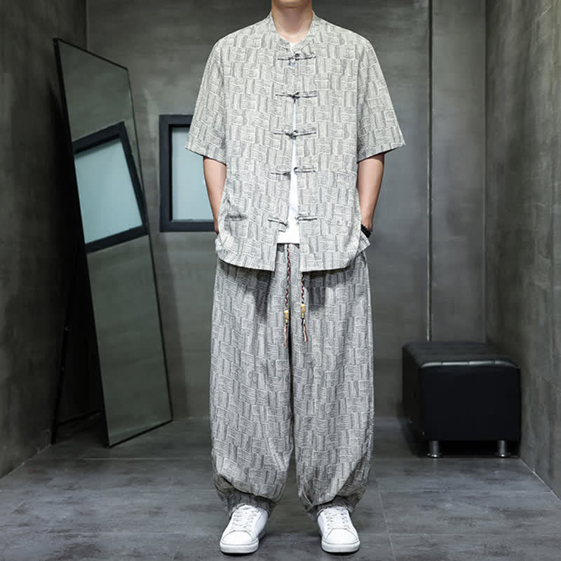 Nimara Ritual 2Pcs Summer Mandarin Collar Frog Button Geometric Short Sleeve Shirt Harem Pants Men's Set With Pockets