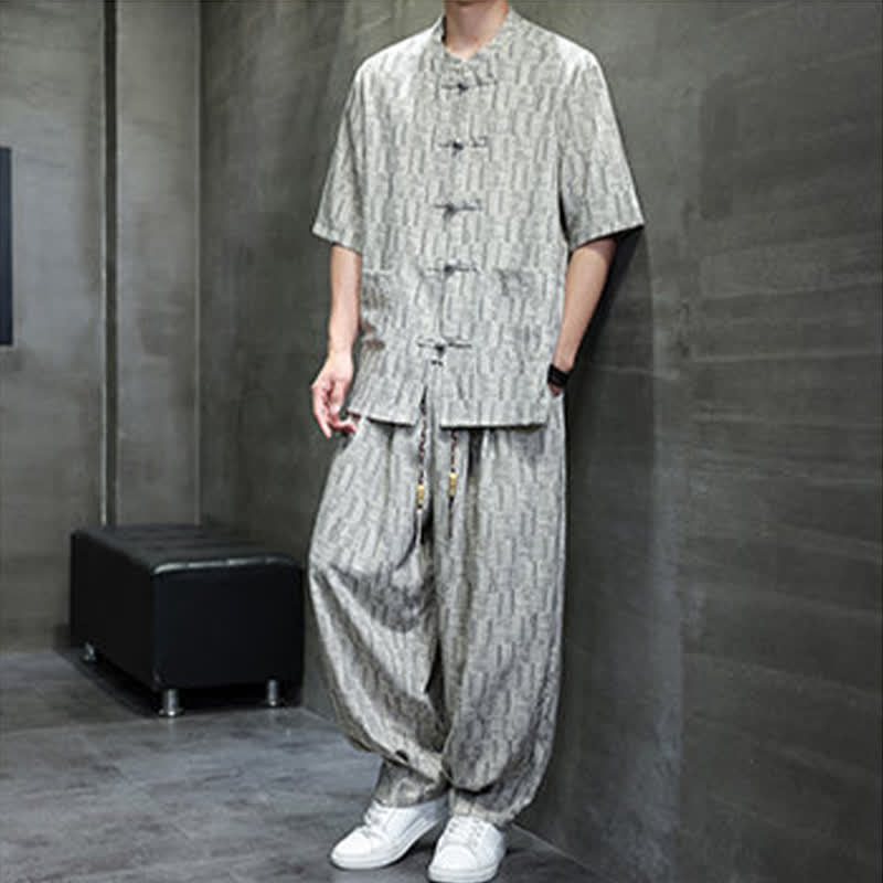 Nimara Ritual 2Pcs Summer Mandarin Collar Frog Button Geometric Short Sleeve Shirt Harem Pants Men's Set With Pockets