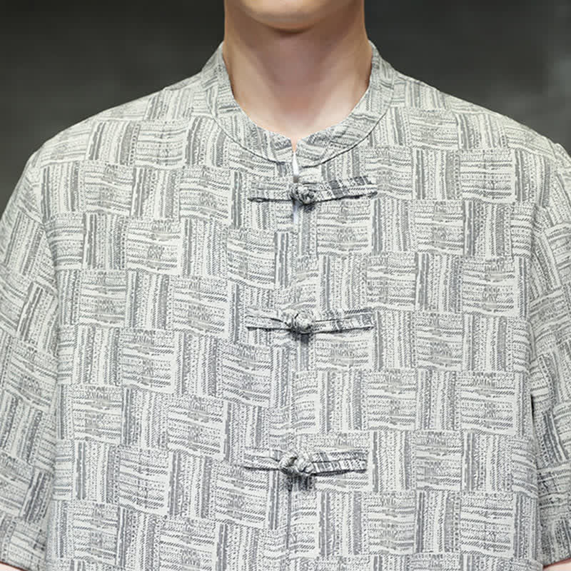 Nimara Ritual 2Pcs Summer Mandarin Collar Frog Button Geometric Short Sleeve Shirt Harem Pants Men's Set With Pockets