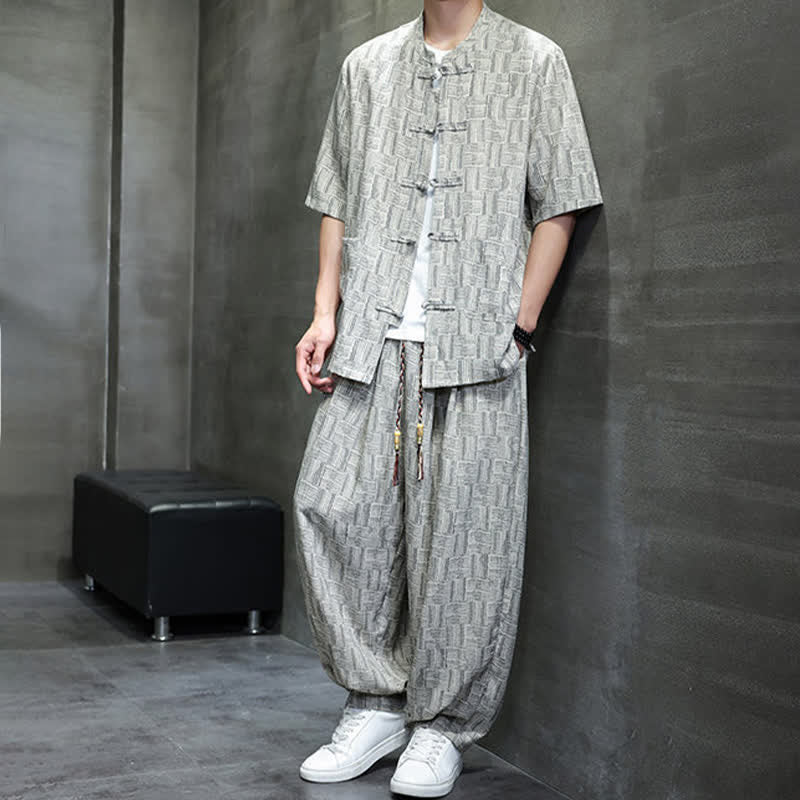 Nimara Ritual 2Pcs Summer Mandarin Collar Frog Button Geometric Short Sleeve Shirt Harem Pants Men's Set With Pockets