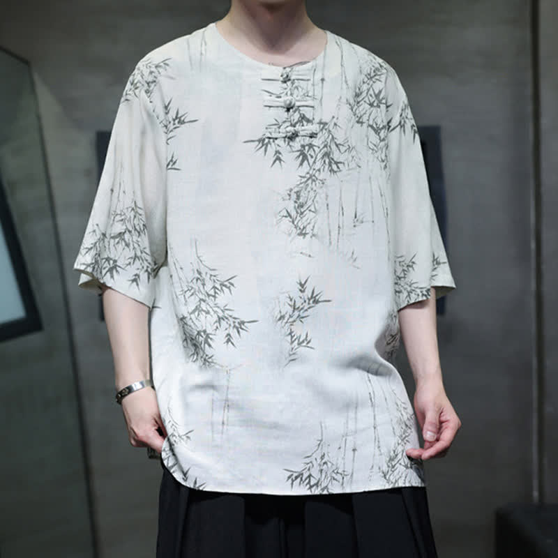 Nimara Ritual Summer Tang Style Frog Button Bamboo Print Cotton Linen Men's Short Sleeve Shirt