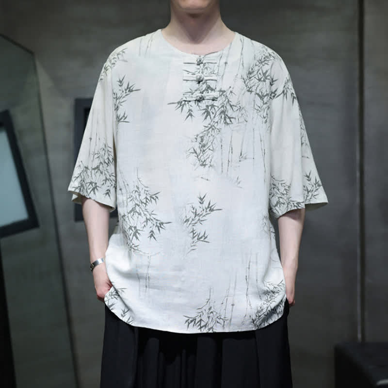 Nimara Ritual Summer Tang Style Frog Button Bamboo Print Cotton Linen Men's Short Sleeve Shirt