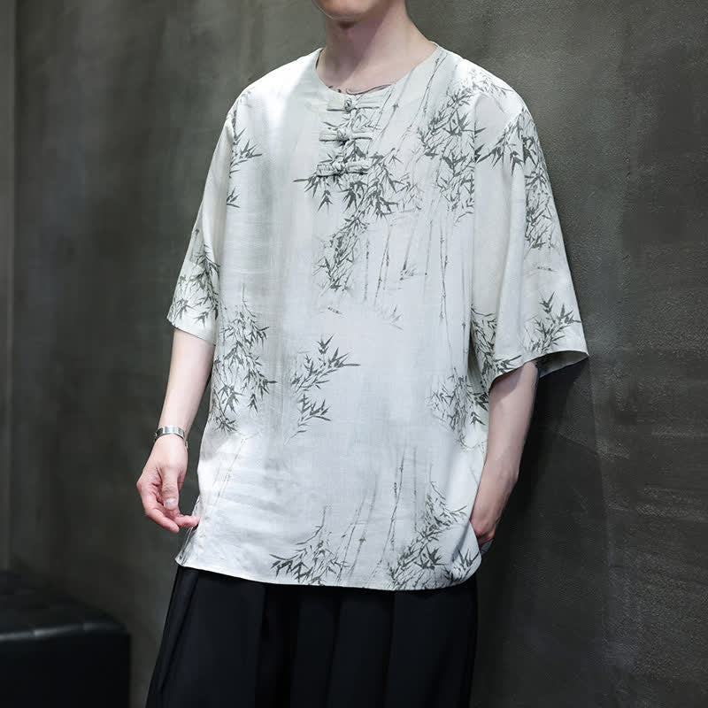 Nimara Ritual Summer Tang Style Frog Button Bamboo Print Cotton Linen Men's Short Sleeve Shirt