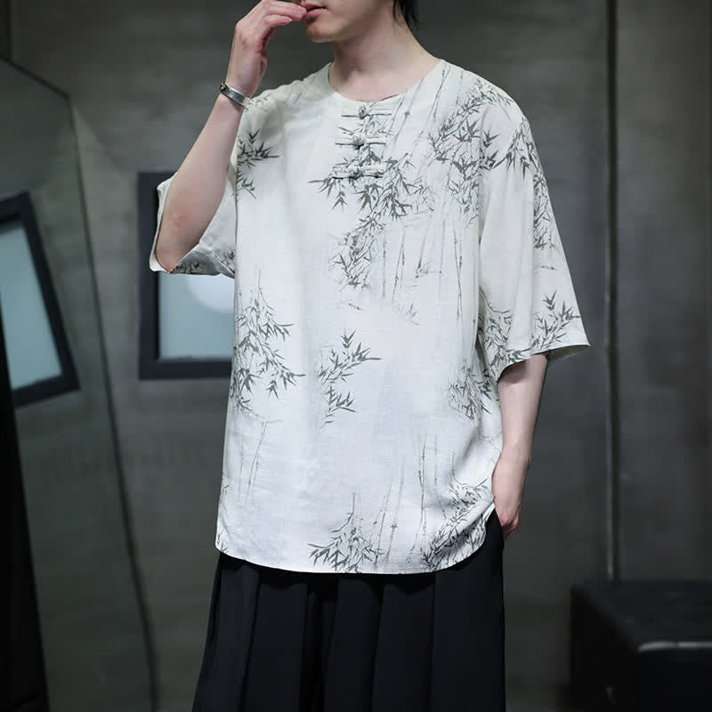 Nimara Ritual Summer Tang Style Frog Button Bamboo Print Cotton Linen Men's Short Sleeve Shirt