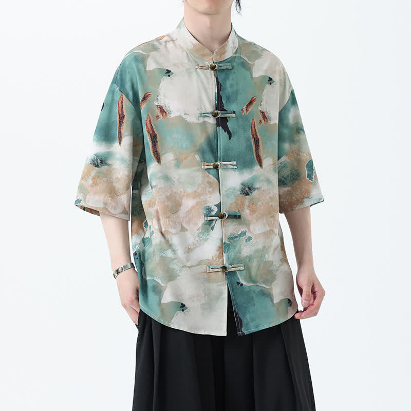 Nimara Ritual Summer Tang Style Mandarin Collar Frog Button Watercolor Print Men's Short Sleeve Shirt