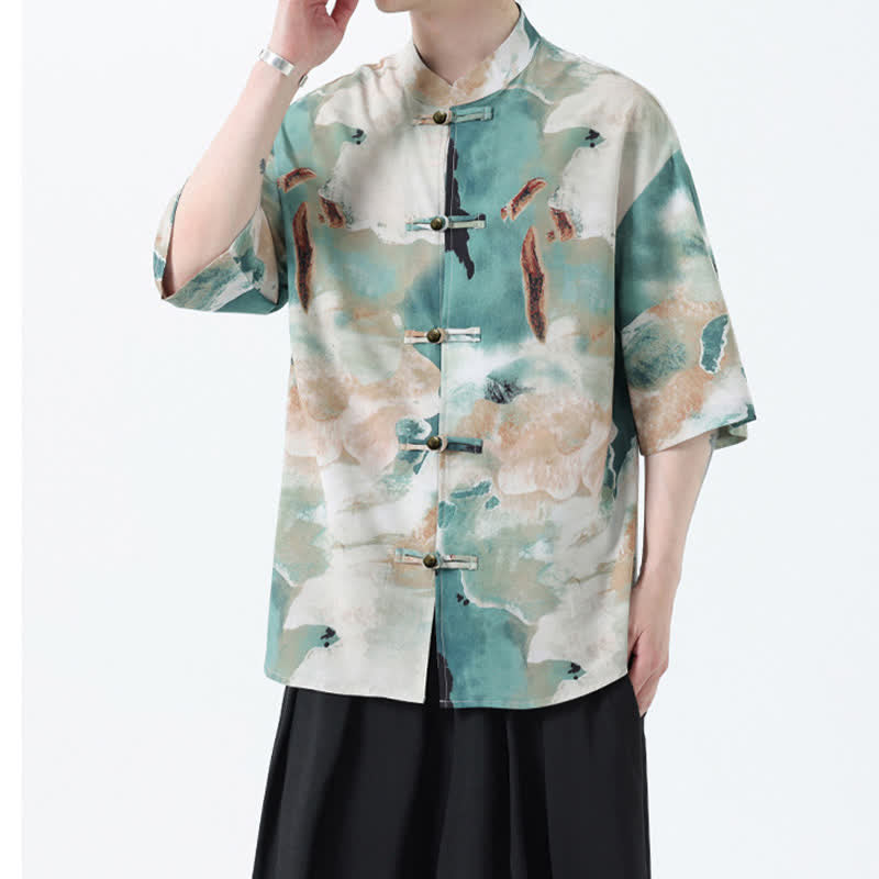 Nimara Ritual Summer Tang Style Mandarin Collar Frog Button Watercolor Print Men's Short Sleeve Shirt