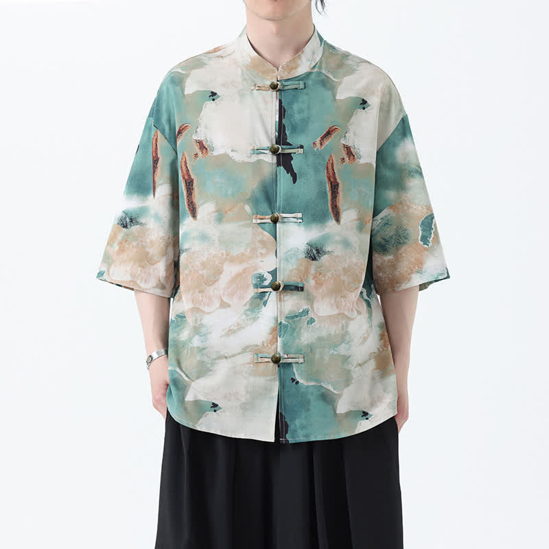 Nimara Ritual Summer Tang Style Mandarin Collar Frog Button Watercolor Print Men's Short Sleeve Shirt