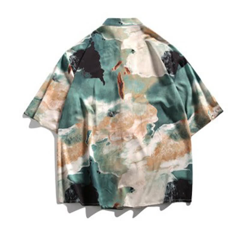 Nimara Ritual Summer Tang Style Mandarin Collar Frog Button Watercolor Print Men's Short Sleeve Shirt