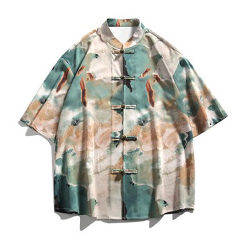 Nimara Ritual Summer Tang Style Mandarin Collar Frog Button Watercolor Print Men's Short Sleeve Shirt