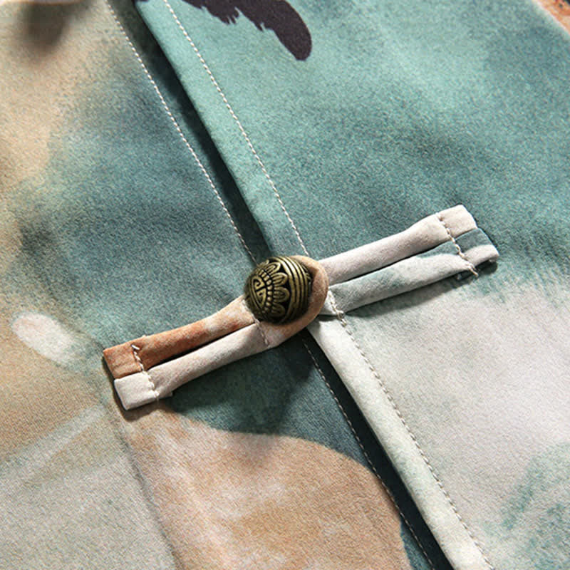 Nimara Ritual Summer Tang Style Mandarin Collar Frog Button Watercolor Print Men's Short Sleeve Shirt