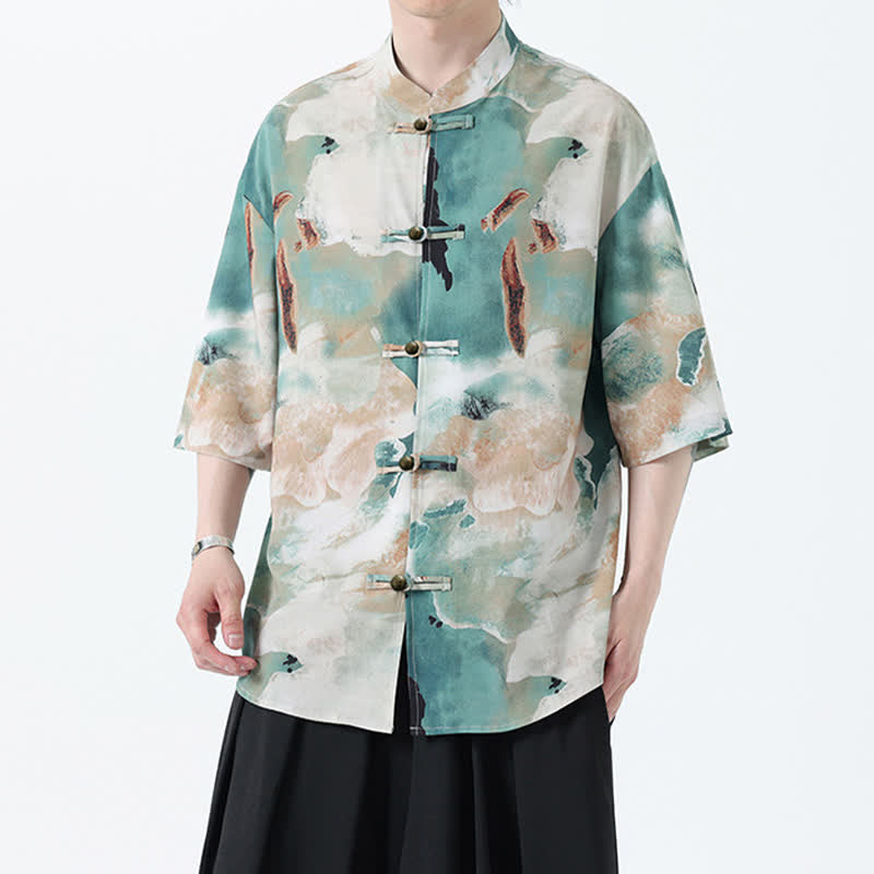 Nimara Ritual Summer Tang Style Mandarin Collar Frog Button Watercolor Print Men's Short Sleeve Shirt