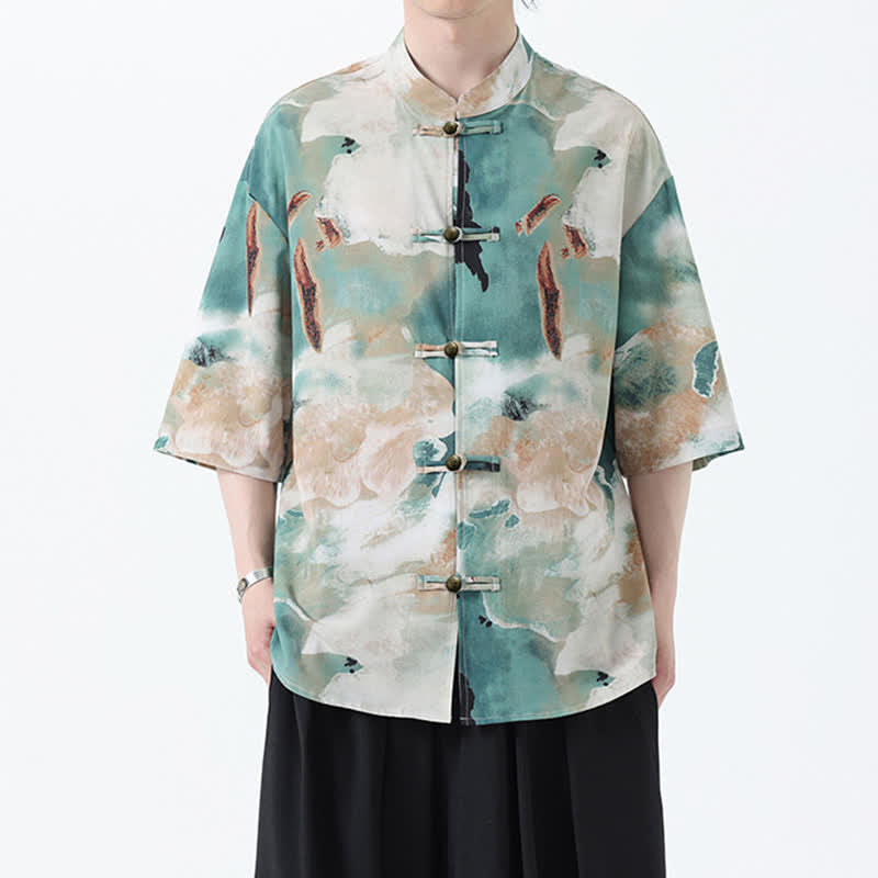 Nimara Ritual Summer Tang Style Mandarin Collar Frog Button Watercolor Print Men's Short Sleeve Shirt