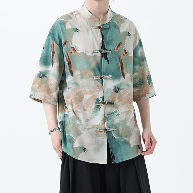 Nimara Ritual Summer Tang Style Mandarin Collar Frog Button Watercolor Print Men's Short Sleeve Shirt