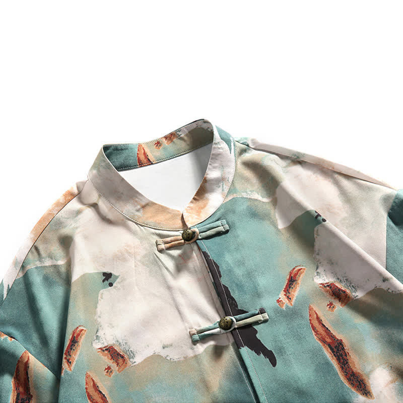 Nimara Ritual Summer Tang Style Mandarin Collar Frog Button Watercolor Print Men's Short Sleeve Shirt