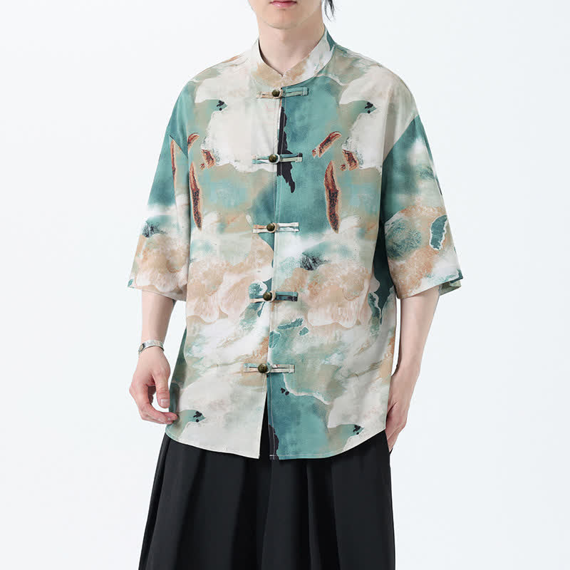 Nimara Ritual Summer Tang Style Mandarin Collar Frog Button Watercolor Print Men's Short Sleeve Shirt