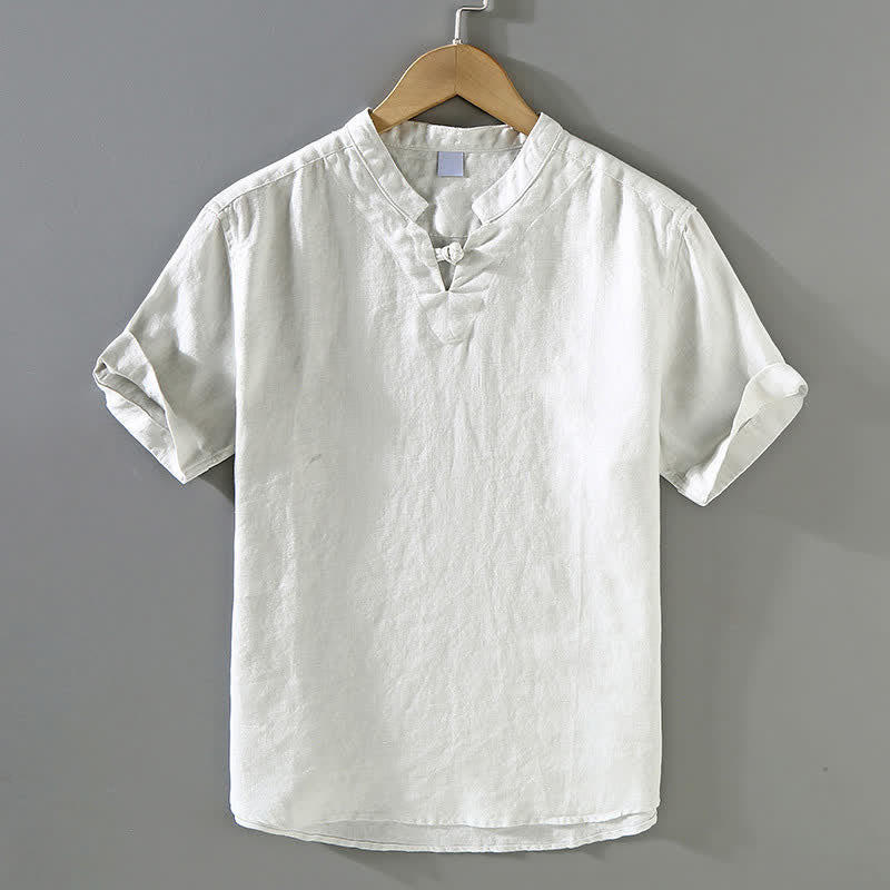 Nimara Ritual Summer Casual Mandarin Collar Frog Button Solid Linen Men's Short Sleeve Shirt