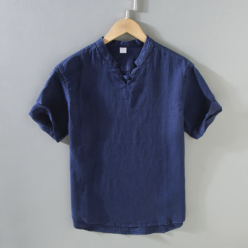 Nimara Ritual Summer Casual Mandarin Collar Frog Button Solid Linen Men's Short Sleeve Shirt