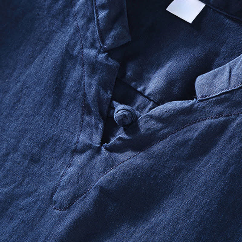 Nimara Ritual Summer Casual Mandarin Collar Frog Button Solid Linen Men's Short Sleeve Shirt