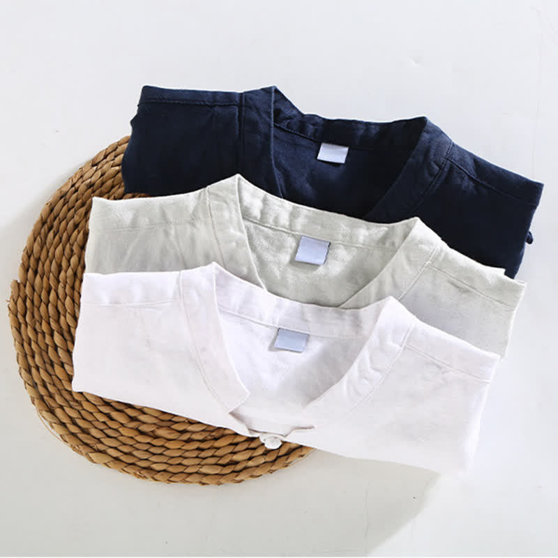 Nimara Ritual Summer Casual Mandarin Collar Frog Button Solid Linen Men's Short Sleeve Shirt