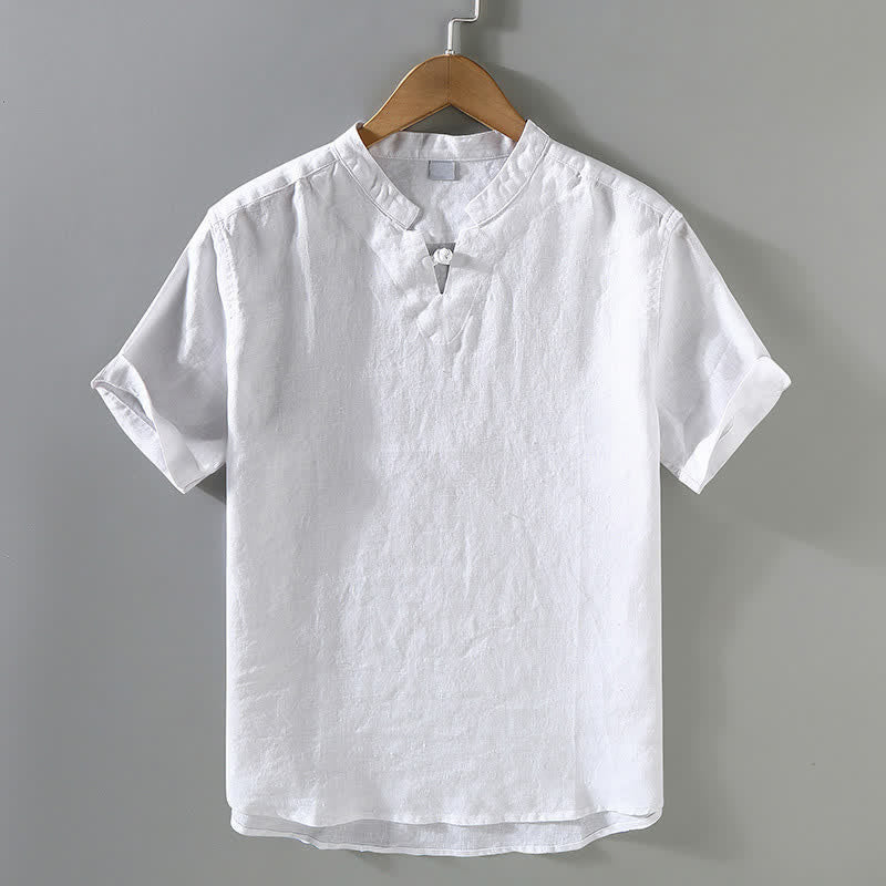 Nimara Ritual Summer Casual Mandarin Collar Frog Button Solid Linen Men's Short Sleeve Shirt