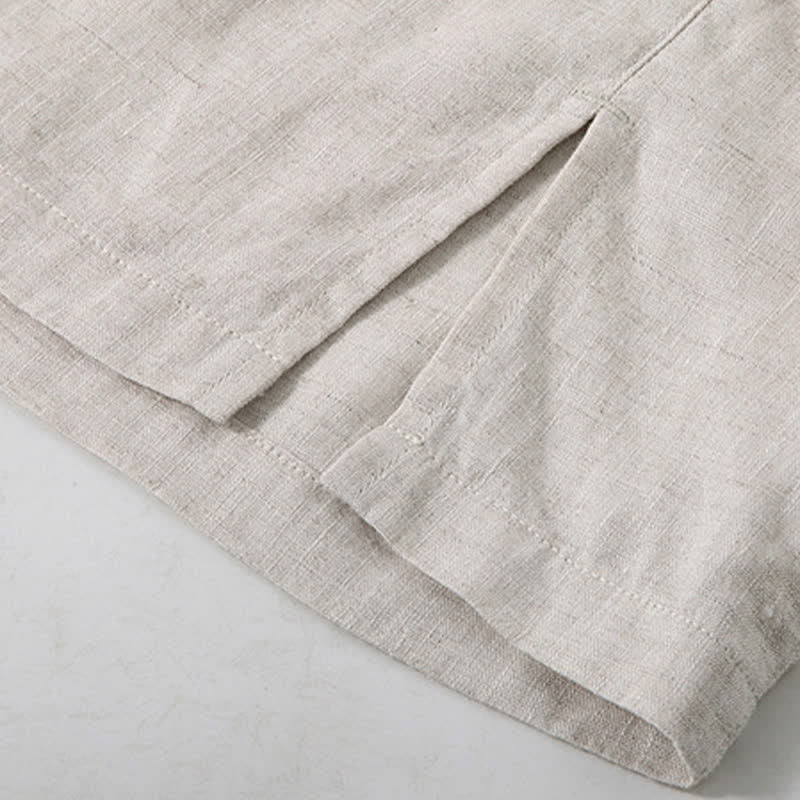Nimara Ritual Summer Minimalist Button-Up Side Slit Solid Linen Men's Short Sleeve Shirt