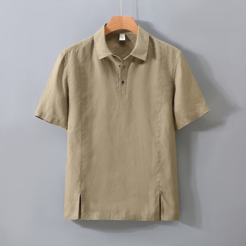Nimara Ritual Summer Minimalist Button-Up Side Slit Solid Linen Men's Short Sleeve Shirt