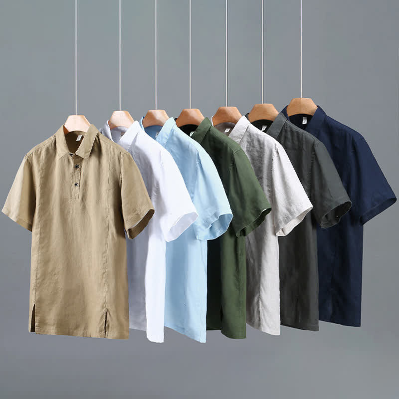 Nimara Ritual Summer Minimalist Button-Up Side Slit Solid Linen Men's Short Sleeve Shirt
