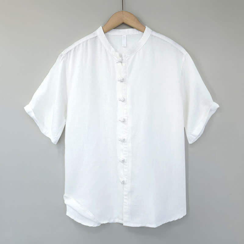 Nimara Ritual Summer Minimalist Mandarin Collar Frog Button Solid Men's Short Sleeve Shirt