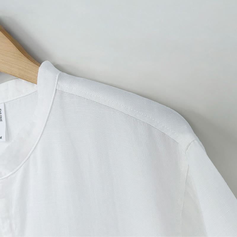 Nimara Ritual Summer Minimalist Mandarin Collar Frog Button Solid Men's Short Sleeve Shirt
