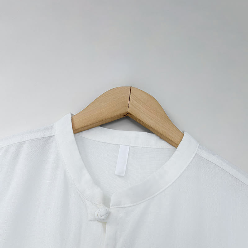 Nimara Ritual Summer Minimalist Mandarin Collar Frog Button Solid Men's Short Sleeve Shirt