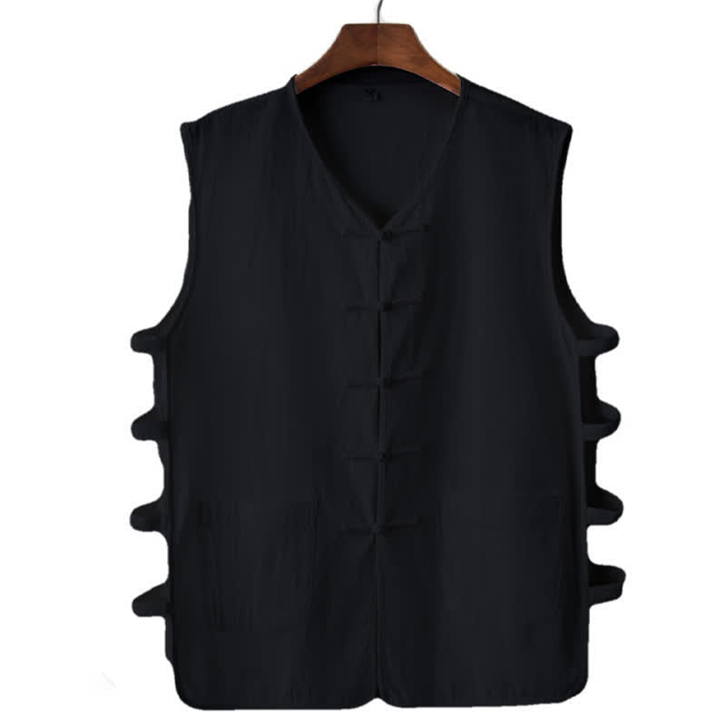 Nimara Ritual Summer Tang Style Frog Button Side Slit Hollow Solid Men's Sleeveless Shirts Tank Top With Pockets