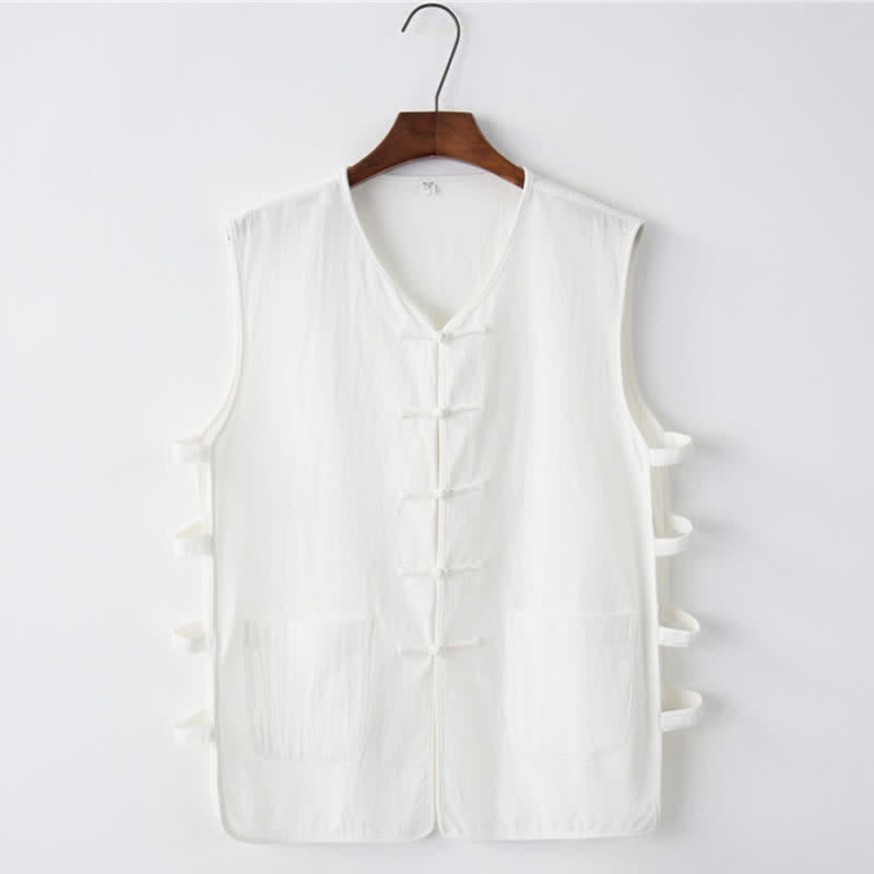 Nimara Ritual Summer Tang Style Frog Button Side Slit Hollow Solid Men's Sleeveless Shirts Tank Top With Pockets