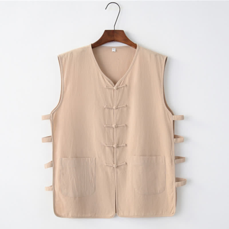 Nimara Ritual Summer Tang Style Frog Button Side Slit Hollow Solid Men's Sleeveless Shirts Tank Top With Pockets