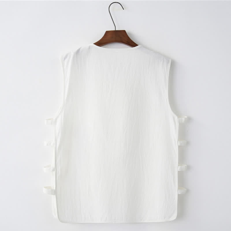 Nimara Ritual Summer Tang Style Frog Button Side Slit Hollow Solid Men's Sleeveless Shirts Tank Top With Pockets