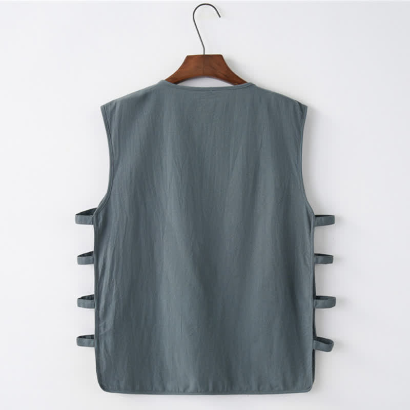 Nimara Ritual Summer Tang Style Frog Button Side Slit Hollow Solid Men's Sleeveless Shirts Tank Top With Pockets