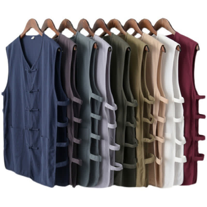Nimara Ritual Summer Tang Style Frog Button Side Slit Hollow Solid Men's Sleeveless Shirts Tank Top With Pockets