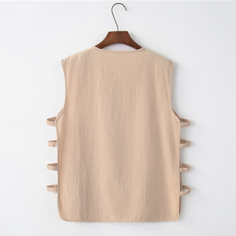 Nimara Ritual Summer Tang Style Frog Button Side Slit Hollow Solid Men's Sleeveless Shirts Tank Top With Pockets