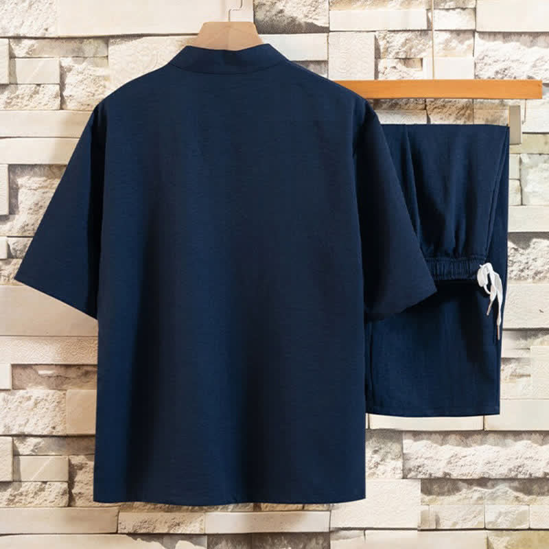 Nimara Ritual Summer 2Pcs Mandarin Collar Frog Button Ink Wash Print Short Sleeve Shirt Bermuda Pants Men's Meditation Cloth With Pockets