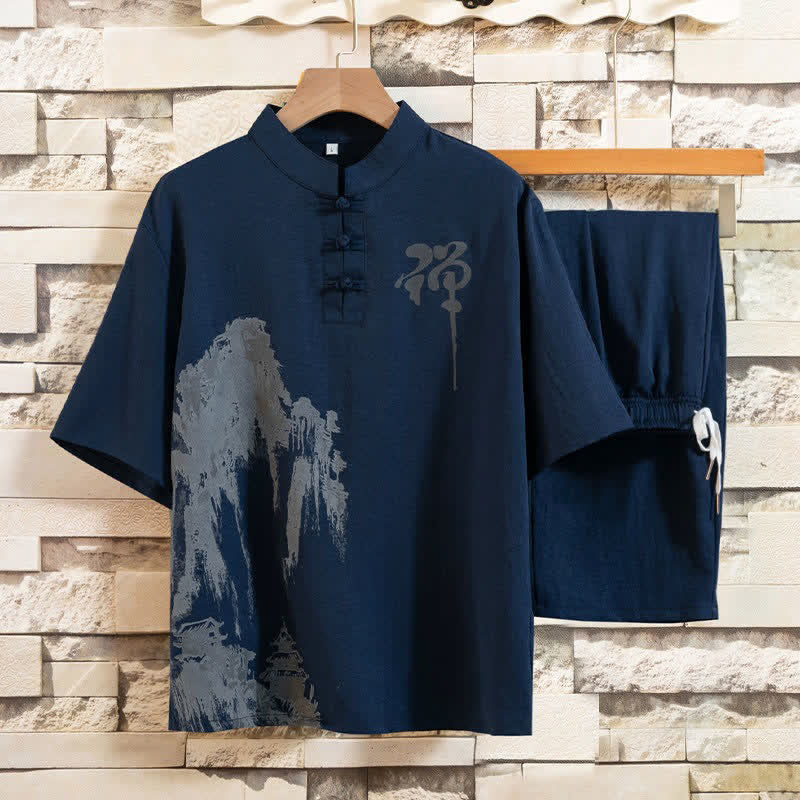 Nimara Ritual Summer 2Pcs Mandarin Collar Frog Button Ink Wash Print Short Sleeve Shirt Bermuda Pants Men's Meditation Cloth With Pockets