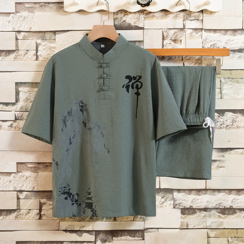 Nimara Ritual Summer 2Pcs Mandarin Collar Frog Button Ink Wash Print Short Sleeve Shirt Bermuda Pants Men's Meditation Cloth With Pockets