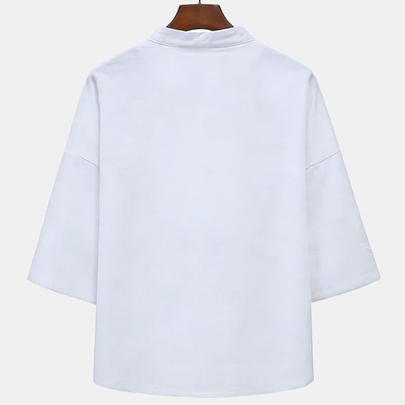 Nimara Ritual Summer Tang Style Mandarin Collar Horse Embroidery Frog Button Solid Men's Short Sleeve Shirts With Pockets