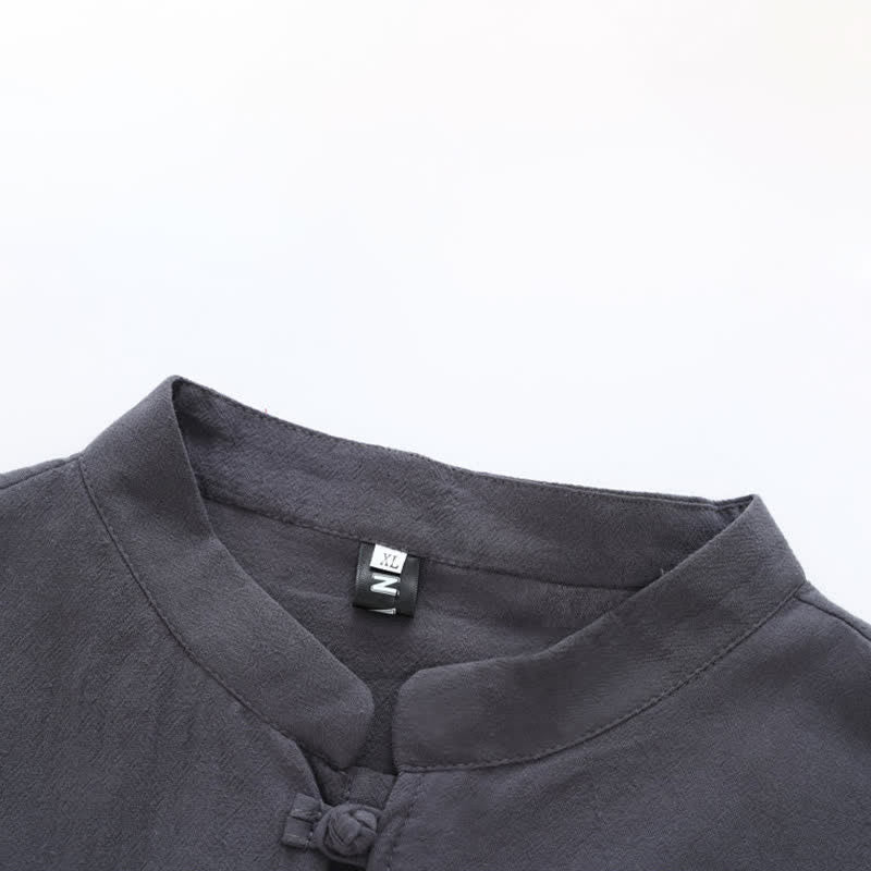 Nimara Ritual Summer Tang Style Mandarin Collar Horse Embroidery Frog Button Solid Men's Short Sleeve Shirts With Pockets