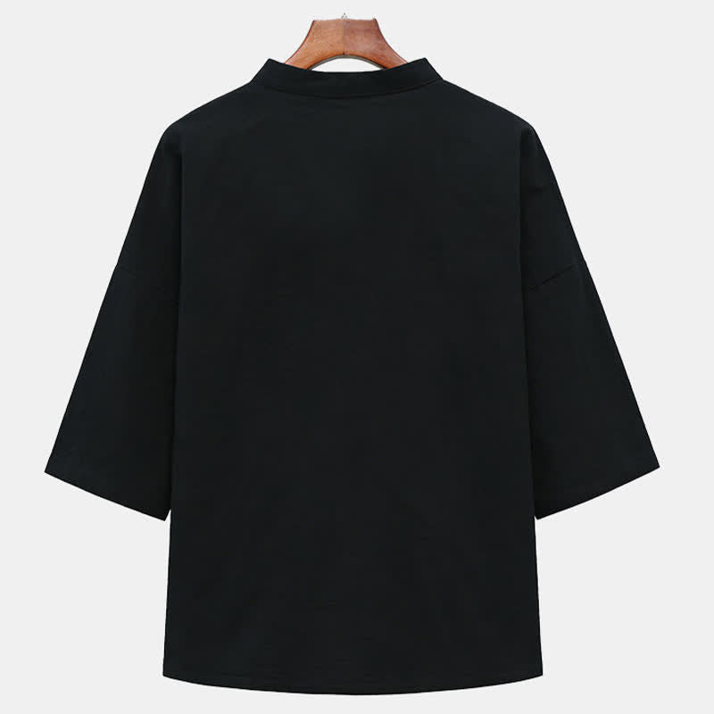 Nimara Ritual Summer Tang Style Mandarin Collar Horse Embroidery Frog Button Solid Men's Short Sleeve Shirts With Pockets
