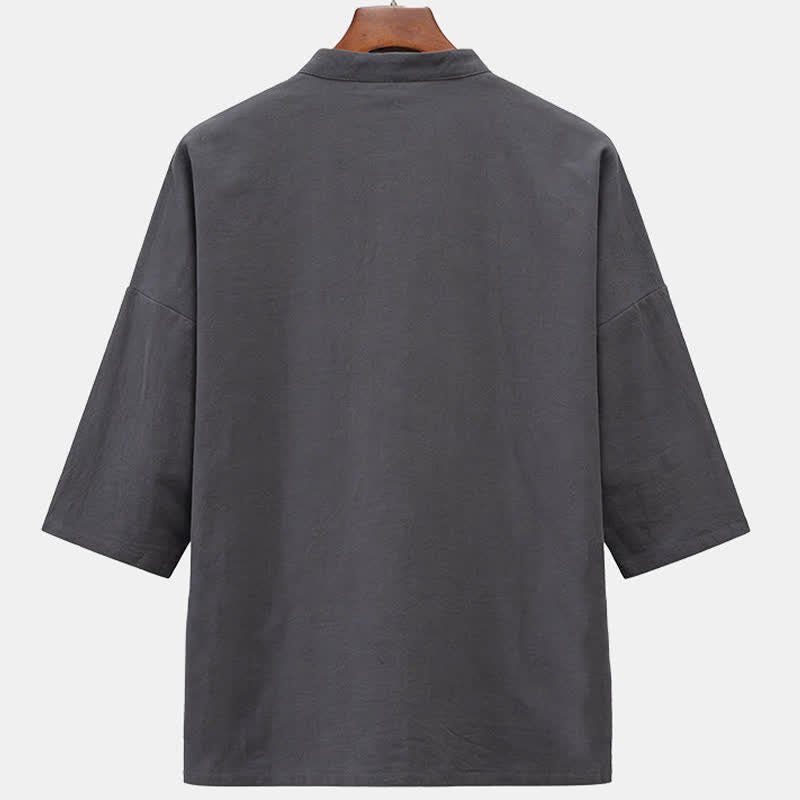 Nimara Ritual Summer Tang Style Mandarin Collar Horse Embroidery Frog Button Solid Men's Short Sleeve Shirts With Pockets