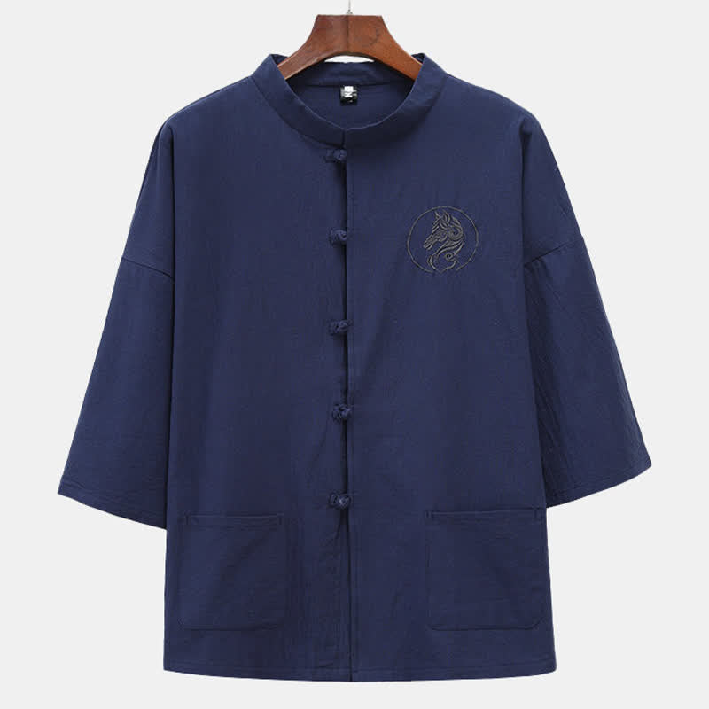 Nimara Ritual Summer Tang Style Mandarin Collar Horse Embroidery Frog Button Solid Men's Short Sleeve Shirts With Pockets