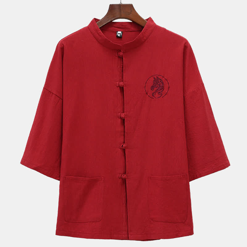 Nimara Ritual Summer Tang Style Mandarin Collar Horse Embroidery Frog Button Solid Men's Short Sleeve Shirts With Pockets