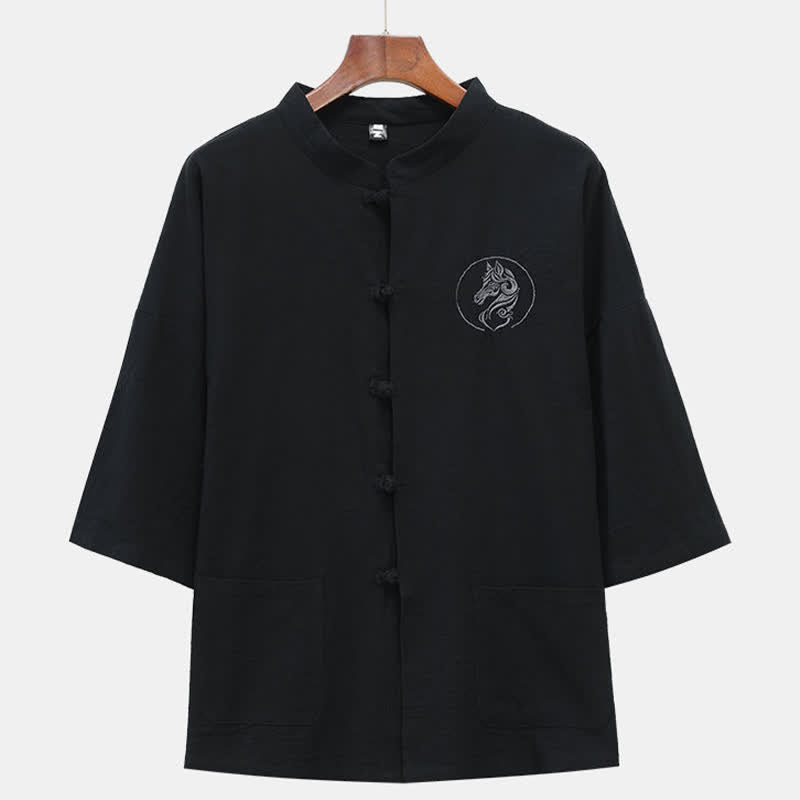 Nimara Ritual Summer Tang Style Mandarin Collar Horse Embroidery Frog Button Solid Men's Short Sleeve Shirts With Pockets